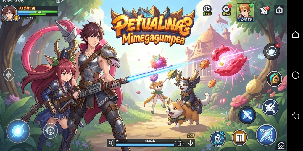 Tangkapan layar gameplay ATOM138 menunjukkan pertempuran karakter anime yang dinamis.