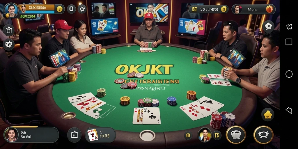 Screenshot utama OKJKT menunjukkan suasana permainan Poker yang seru dan kompetitif.