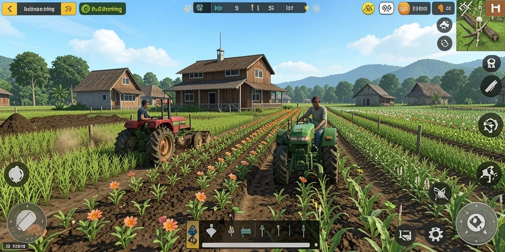 Screenshot gameplay S9S9 yang menampilkan lahan pertanian yang indah.